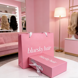 Sacs cadeaux personnalisés avec logo imprimé pour perruques, en carton recyclé, avec poignées en <span class=keywords><strong>ruban</strong></span> <span class=keywords><strong>blanc</strong></span>, roses, pour cosmétiques de luxe - Product Image 3