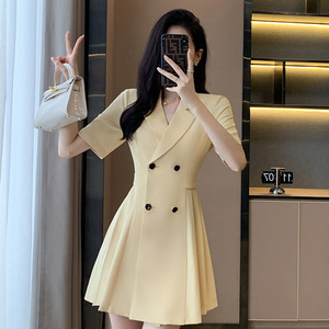 White Suit Dress Women Spring Summer 2023 Professional Mid Length Fit And Flare Notched Neckline Solid Color Career Dress - Product Image 2