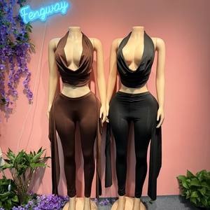 Completo da donna 2026: Top <span class=keywords><strong>Halter</strong></span> senza maniche con scollo a barca e schiena scoperta + Pantaloni elasticizzati con nastro, sexy, 2 pezzi - Product Image 1