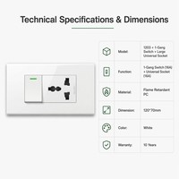 Placa de Pared de Montaje Oculto Kolani 120 de Doble Módulo, Interruptor de un Botón y Enchufe Universal de 3 Pines para Varios Países, Panel Blanco de PC