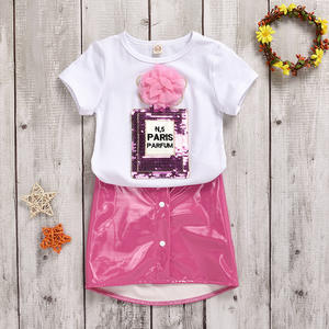 Cute Kids Clothing 2 Pcs Sets Wholesale Toddler Kids Baby Girl Clothes Short Sleeve White <strong>T</strong>-<strong>shirt</strong> +Mini PU Skirt Outfits Set - Product Image 2