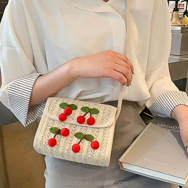 New Cute Cherry Woven Small Square Bag Fashion Single Khaki Straw Woven Shoulder Bag Women Girls Messenger Bag