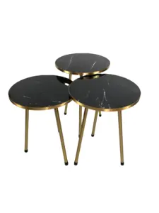 Set di 3 tavolini a incastro con gambe dorate in marmo nero lucido Set tavolino rotondo impilabile in legno tavolino con accento laterale con