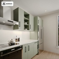 Ensemble de meubles de cuisine sur mesure, portes minimalistes en PVC thermoformé, aménagement en îlot et rangement coulissant, structure en panneaux de particules
