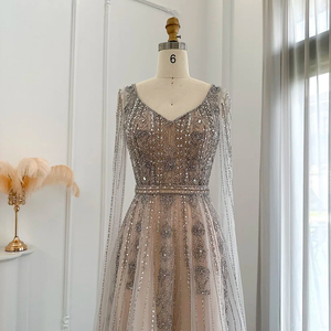 Abito <span class=keywords><strong>da</strong></span> sera in <span class=keywords><strong>argento</strong></span> nudo con maniche a mantello di lusso in cristallo Dubai <span class=keywords><strong>abiti</strong></span> formali per donne Sz069-1 per festa di <span class=keywords><strong>nozze</strong></span> - Product Image 2