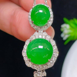 Double Cabochon Imperial Green Jadeite Pendant 18K White Gold Diamond Halo Setting Removable Burmese Jade <b>Statement</b> <b>Necklace</b> - Product Image 3