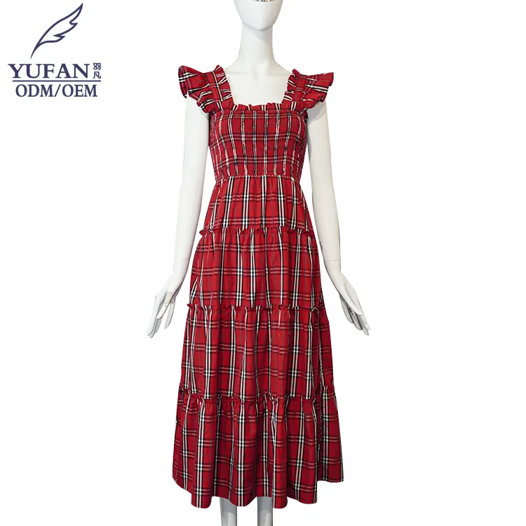 YuFan individuelle Frühjahrs-Sommer-Festtags-Fashion rotes Platten-Midi-Kleid Damen elegantes Freizeitkleid