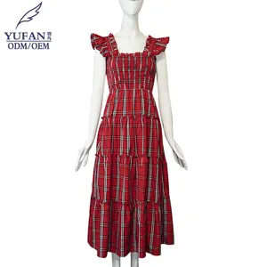 YuFan gaun kasual elegan wanita, Gaun Midi kotak-kotak merah fesyen liburan musim panas dan semi