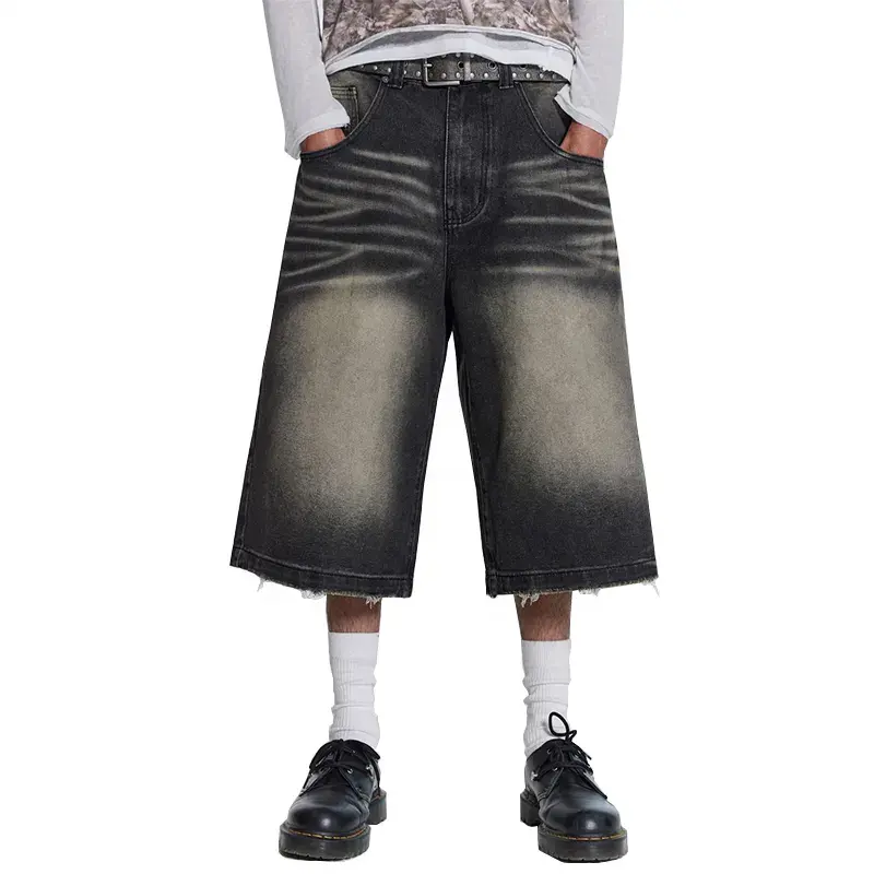 Shorts jeans largos para homens, shorts vintage lavados pretos soltos de cintura baixa, moda de rua com bordas altas e rasgaduras, shorts jeans personalizados