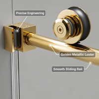 Paroi de douche nordique sans cadre en verre trempé, finition or brillant, avec porte coulissante simple et roulettes dorées lisses pour la maison