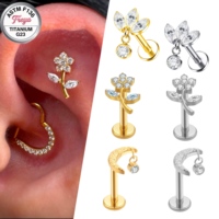 ASTM F136 Titanium Horse-eye Zircon Fine Dangle Earrings Moon Pendant Body Piercing Jewelry G23 Ear Cartilage Helix Stud Labret