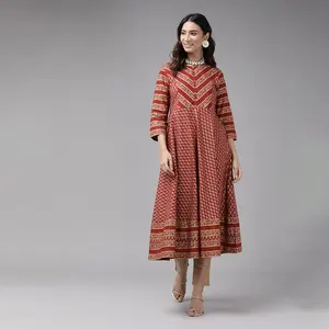 Kurta Anarkali en Coton de Haute Qualité, Collection Premium, Imprimé Floral Décontracté, Motif Marron, Longueur Cheville, Ensemble 2 Pièces Écologique - Product Image 1