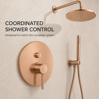 Ensemble de douche pluie en céramique finition or rose avec douchette à main, flexible de douche et support mural