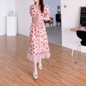 Abito stile coreano in garza alla <span class=keywords><strong>fragola</strong></span> da donna da ragazza estate dolce eleganza dolce manica corta a collo corto abito lungo Casual - Product Image 3