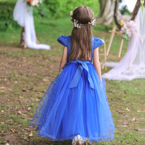 Vestido de niña de las flores con cuello en V, línea A, de tul azul bordado, estilo princesa para eventos de boda - Product Image 3