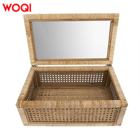 Panier de rangement moderne WOQI en osier, panier à linge en jonc de mer, plateau tressé en rotin avec couvercle en verre transparent, boîte en rotin naturel
