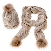 Ensemble de 2 pièces en tricot de cachemire et laine mélangée avec pompon en fourrure, bonnets et écharpes d'hiver pour femmes et filles, ensembles écharpe, bonnet et gants