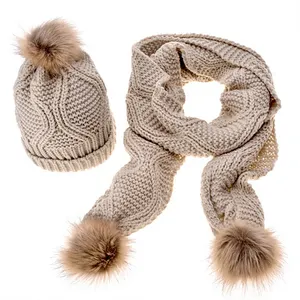 2pcs套装针织羊绒羊毛混纺毛皮绒球冬季帽子和围巾女围巾、帽子和手套套装