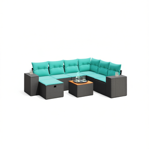 Ensemble de canapés de patio en polyrotin noir, 8 pièces, avec coussins, meubles d'extérieur, style contemporain, pour 8 personnes - Product Image 1