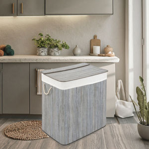 生态巴布100% 竹灰色洗衣篮可折叠洗漱箱，带可拆卸袋和盖编织储物篮 - Product Image 4