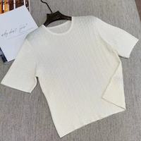 Pull en tricot fin à col rond rétro pour l'été, haut uni à manches courtes et coupe ajustée pour femmes