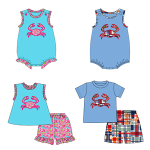 Toptan bebek pamuk setleri giyim kısa kollu yengeç aplike erkek butik kıyafetler