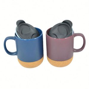 Tazas de Café de Cerámica con Base de Corcho, 15 oz, Taza Estética Neutral, Tapa Antiderrames y Asa, Color Morandi Mate, para Empleados - Product Image 4