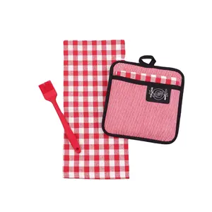 oven mitt cotton polyester yarn dyed check and strip mitten pot holder silicone spatula gift set in stylish design