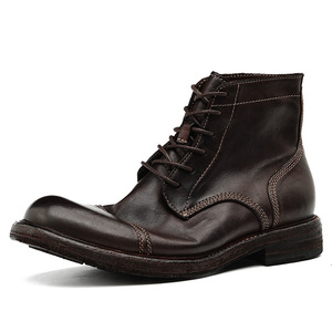 Bottes en cuir véritable pour hommes, hauteur cheville, bout rond, à lacets, couleur unie, semelle extérieure en caoutchouc, semelle intermédiaire en EVA, toutes saisons, vente en gros - Product Image 1