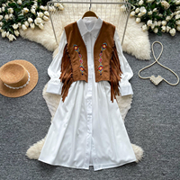 Ensembles Bohèmes Femme 2026 : Gilet Brodé à Franges et Robe Chemise Manches Longues – Tenues Deux Pièces Printemps-Automne