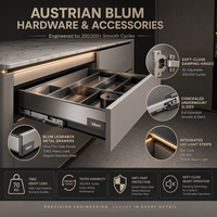 Meubles de cuisine modernes sans poignées, armoires modulaires, structure en contreplaqué résistant à l'humidité, fermeture amortie, plan de travail en pierre frittée
