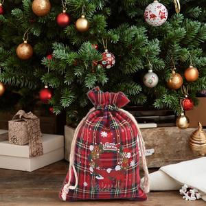 Nouvelle pochette cadeau en coton à carreaux de Noël avec cordon de serrage, sac à bonbons, ensemble de Noël, pochette en coton pour cadeau de Noël - Product Image 3