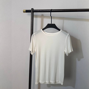 TS-019 Women's Lyocell Knitted Short Sleeve Round Neck T-Shirt Solid Color Base Layer Milky White <b>Date</b> <b>Red</b> - Product Image 3