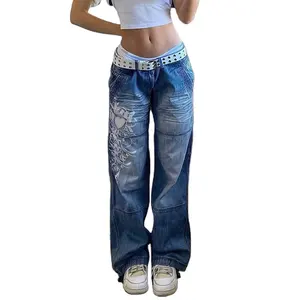 Mode Streetwear Damen unregelmäßig bedruckte lose Hosen niedrige Taille plissiert gewaschen Distressed weites Bein Jeans