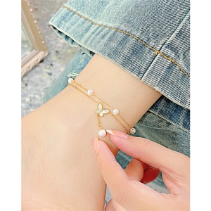 Ins Popular Stainless Steel Pearl Charm Double Layer Chain butterfly Charm <b>Anklet</b> - Product Image 4