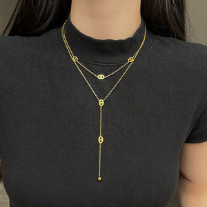 Collana a <span class=keywords><strong>Y</strong></span> con doppio strato di nappe e naso di maiale, in acciaio inossidabile placcato oro 18K, catena regolabile per clavicola da donna, anti-ossidazione - Product Image 2