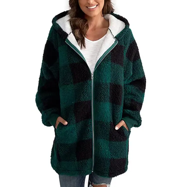 Customized women oversized sherpa full zip up hoodie plus size fuzzy fleece outdoor jacket heavyweight unisex plaid sweatshirt