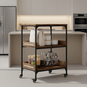 Smoked Oak <b>Kitchen</b> Trolley 23.6x16.1x31.7 In With Wheels 2 <b>Shelves</b> Modern Design - Product Image 2