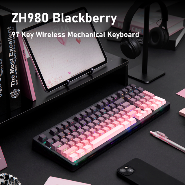 Zornher ZH980 Blackberry Pink Mechanical Keyboard With Number Pad Lighted up PBT Keycaps Full Size Keyboard for Office