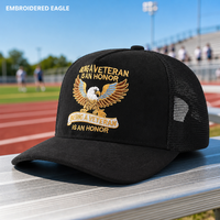 Op maat gemaakte geborduurde adelaar trucker cap patriottische veteraan baseball pet mesh achterkant zwarte gebogen klep snapback unisex groothandel OEM