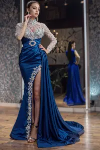 Luxury Royal Blue High Neck Crystal Appliques Satin Mermaid Long Sleeves Split Prom Dress