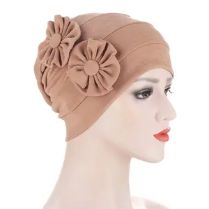 High Quality New Applique Fashion Bandana Hat Multicolor Pullover Hat Two Flower Turban Linen Adult
