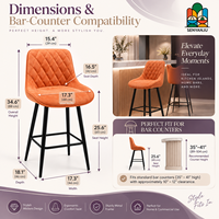 Tabouret de bar en cuir orange matelassé avec dossier en losanges, quatre pieds en métal noir, repose-pieds, hauteur de comptoir