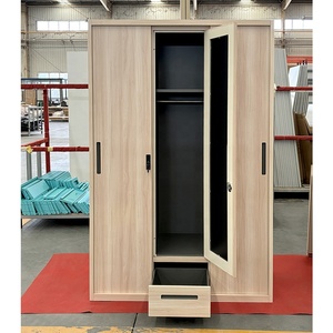 Mueble <span class=keywords><strong>de</strong></span> dormitorio con acabado <span class=keywords><strong>de</strong></span> grano <span class=keywords><strong>de</strong></span> madera, armario <span class=keywords><strong>de</strong></span> acero con 3 puertas correderas, ropero metálico con espejo y cajones - Product Image 2