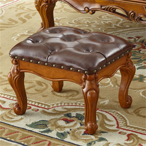 Tabouret rembourré en cuir véritable traditionnel avec pieds en bois massif, design antique pour salon, meubles de maison - Product Image 4