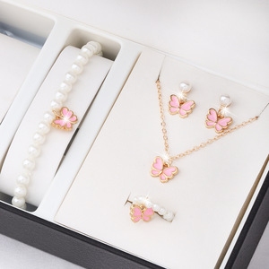 Ensemble de bijoux fantaisie plaqué or 14 carats, pendentif papillon, bracelet de perles, boucles d'oreilles, collier, cadeau de mariage, accessoires unisexes pour femmes - Product Image 5