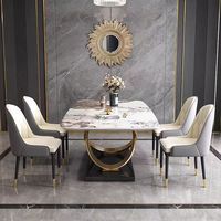 Table à manger de luxe en or avec plateau en marbre et pieds en métal, 6 places, moderne, rectangulaire, ensemble table et chaises de salle à manger