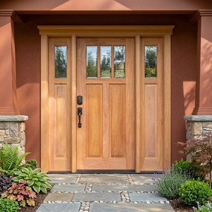 Porte d'entrée en bois massif de style artisanal américain, avec deux panneaux latéraux et un transom en verre pour laisser passer la lumière naturelle. - Product Image 3