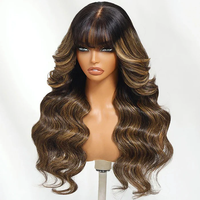 Perruque Lace Frontale 13x4 Balayage Mèches Fluffy Naturelle Ondulée avec Frange Cheveux Naturels avec Cordon de Serrage Invisible