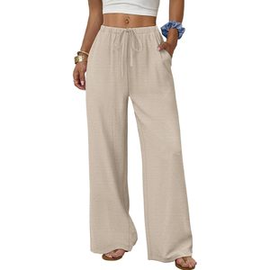 Pantalon palazzo fluide à jambes larges pour femme, taille haute, cordon de serrage, taille élastique, avec poches, vêtements d'été pour les vacances à la plage - Product Image 1